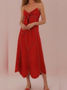 FARM Rio Red Midi Linen Dress with Contrast Stitching and Front Tie